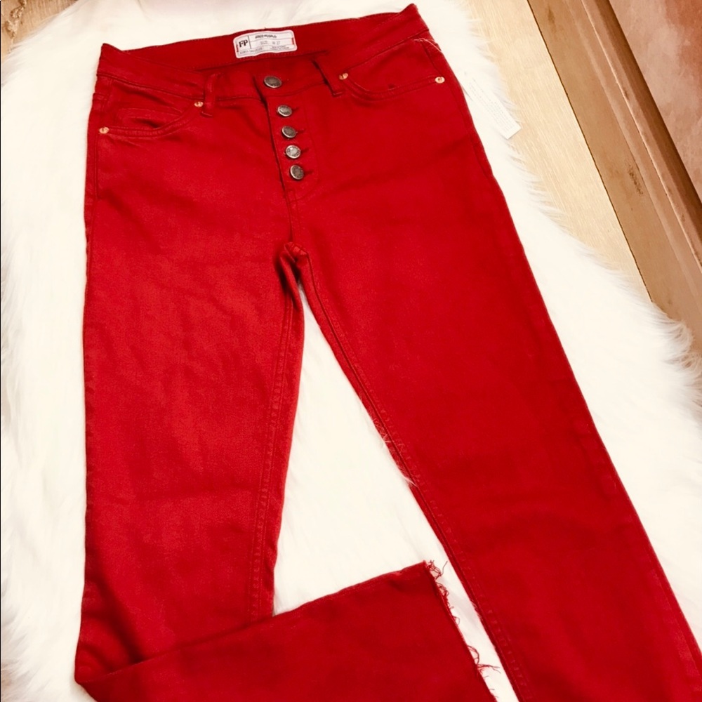 Free People | NWOT Red Cropped Skinny Jeans - Picture 3 of 5
